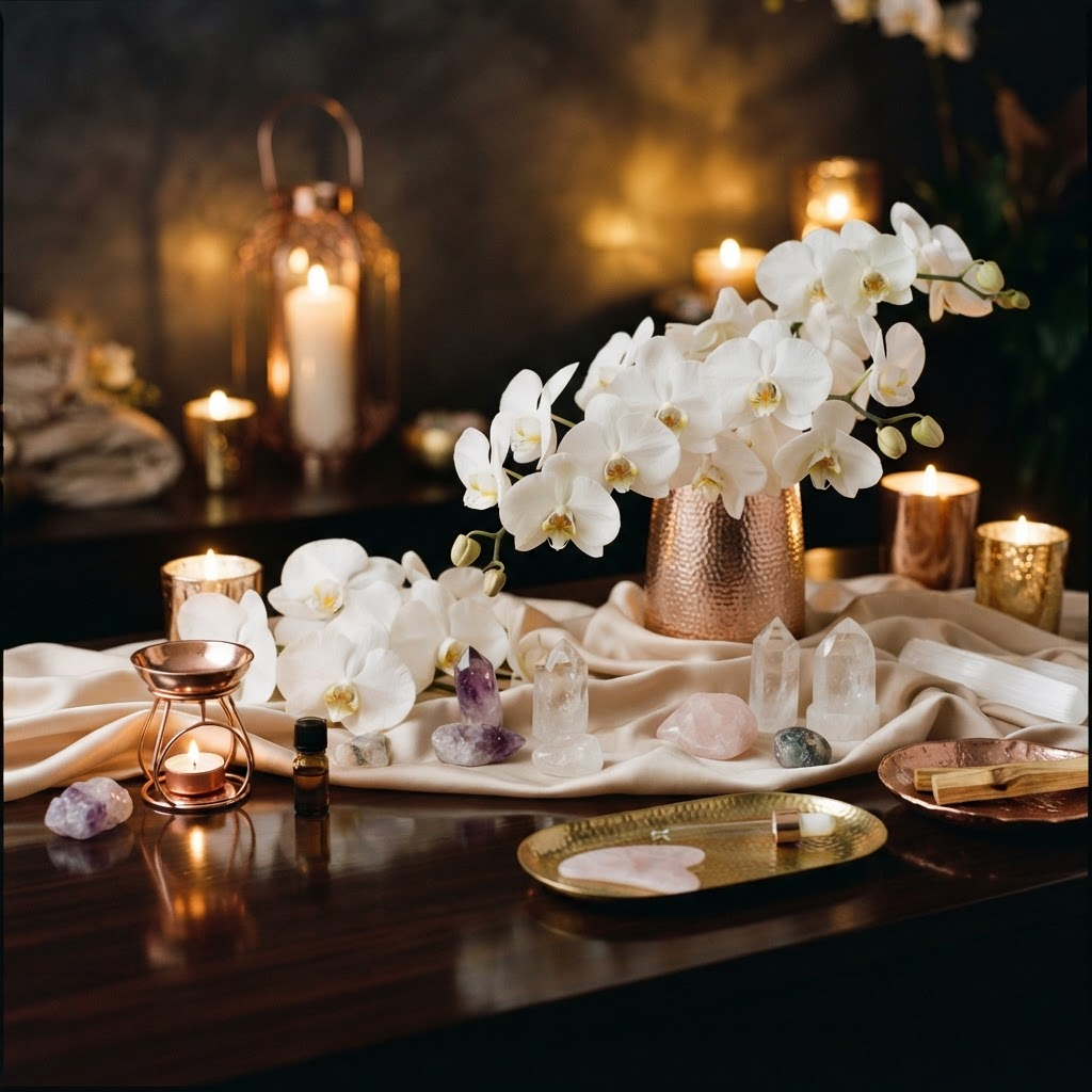 Lyxig spa-atmosfär med guld och levande ljus